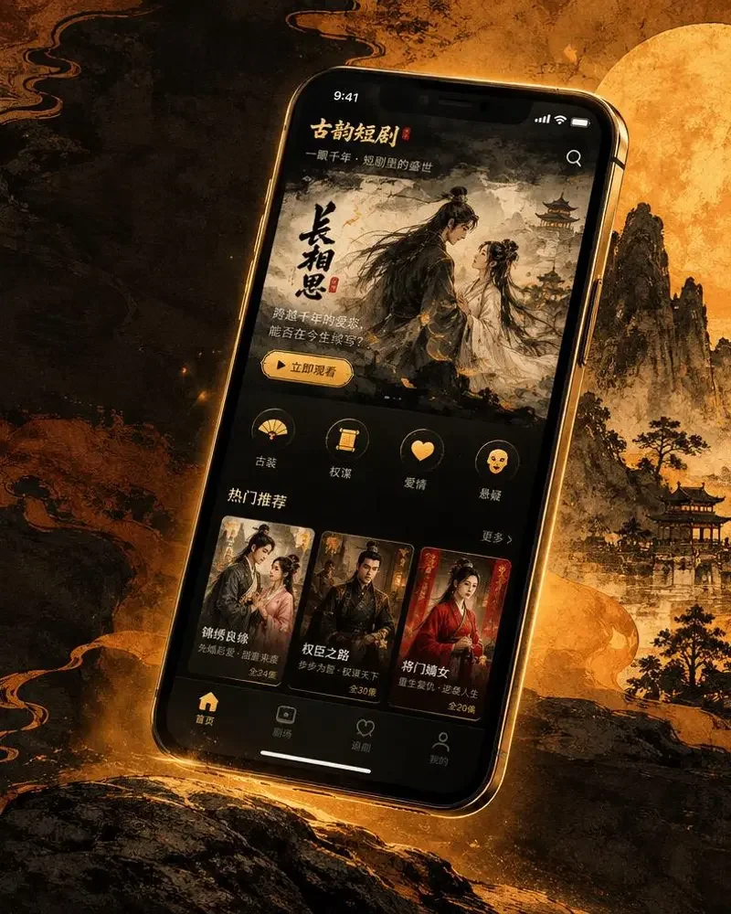黄果视频 · APP界面预览 黄果视频APP界面预览,深色剧场风格剧集列表